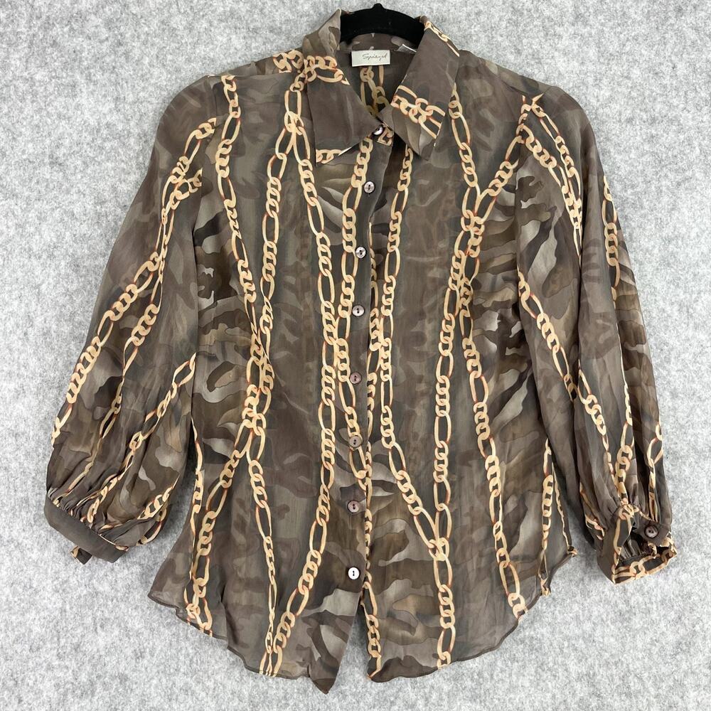 Spiegel Silk Top‎ Women 8 Brown Chain Print Sheer Blouse Button Up 3/4 Sleeve
